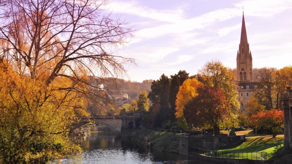 Parade Gardens, St John the Evangelist church spire and bridge